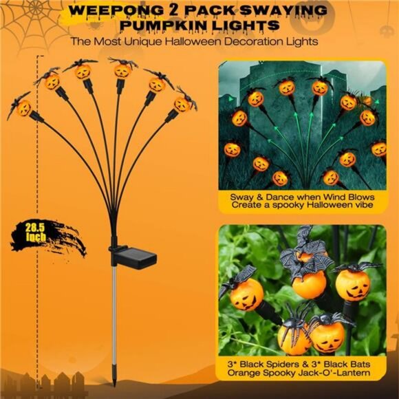 Halloween Decorations Outdoor 2 Pack Solar Lights, 12 LED Scary Pumpkin Swaying - Picture 2 of 7